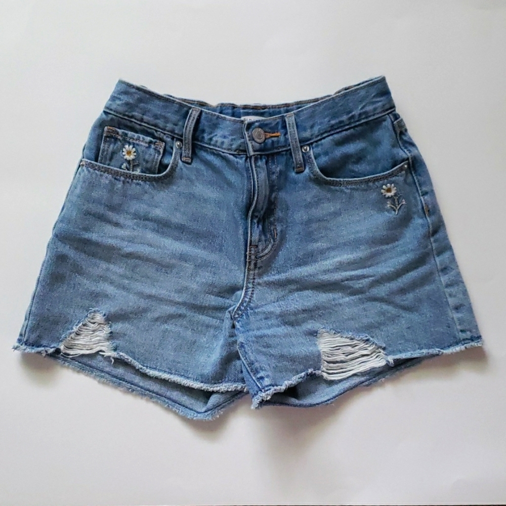 Old Navy Frayed-Hem Jean Shorts Girls Sz 12 Embroidered Daisy Flower Adjustable